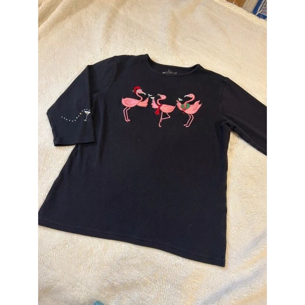 Coral Bay Women's Medium Rhinestone Flamingo Martini Christmas Black Top